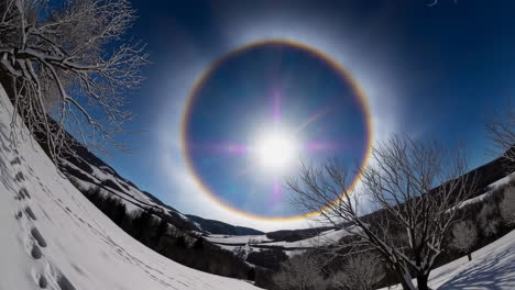 sun halo phenomenon over a snowy winter landscape