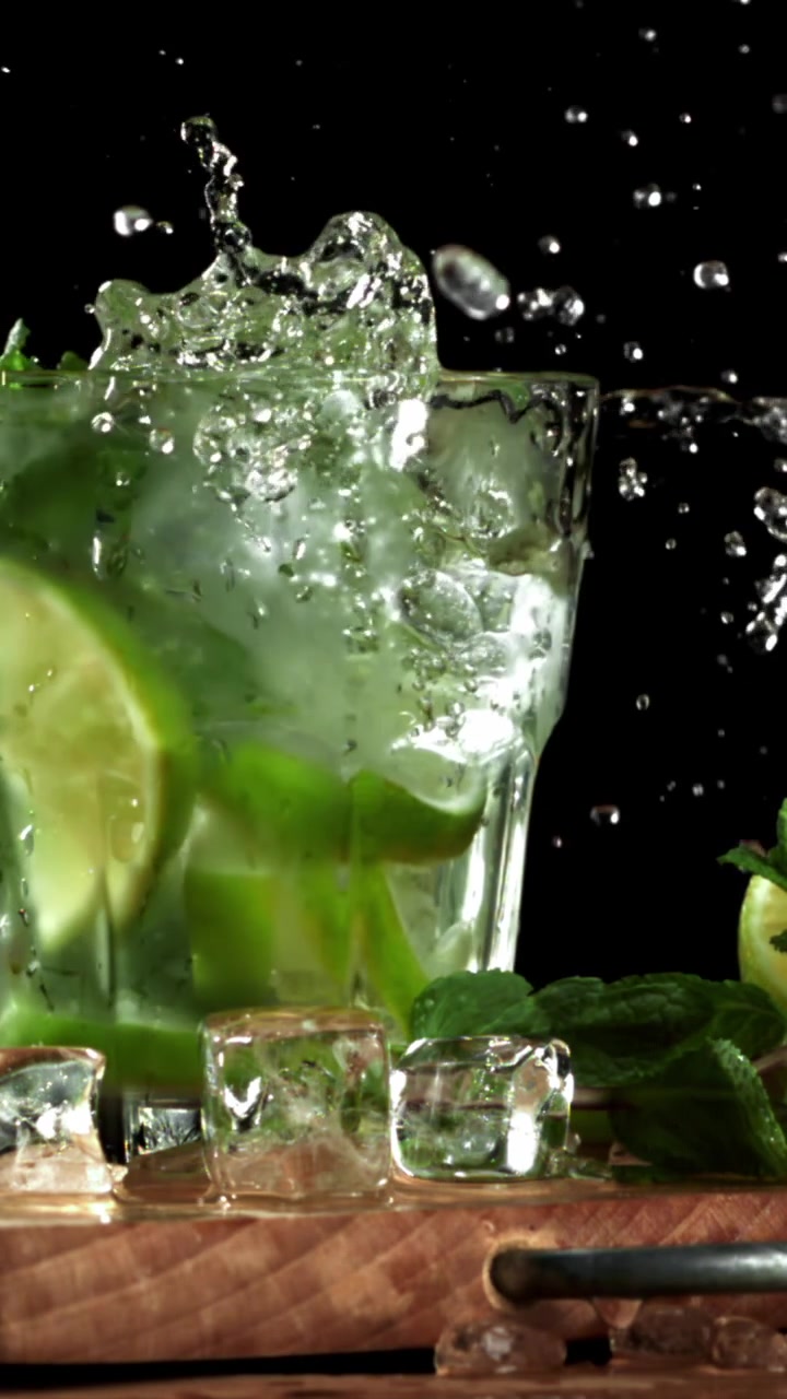 Jääpaloja roiskuu virkistävään Mojito-cocktailiin limen ja mintun kera