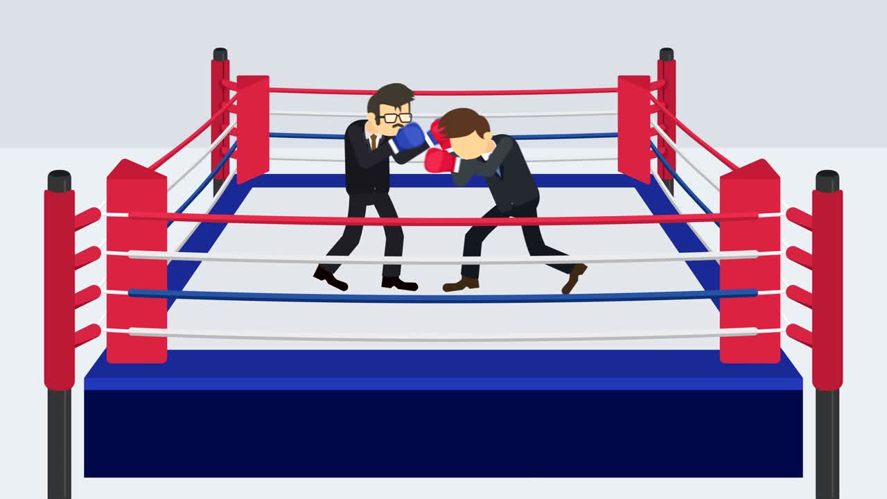 la batalla del hombre de negocios en guantes de boxeo. concepto de competencia de negocios. ilustración de bucle en estilo plano.