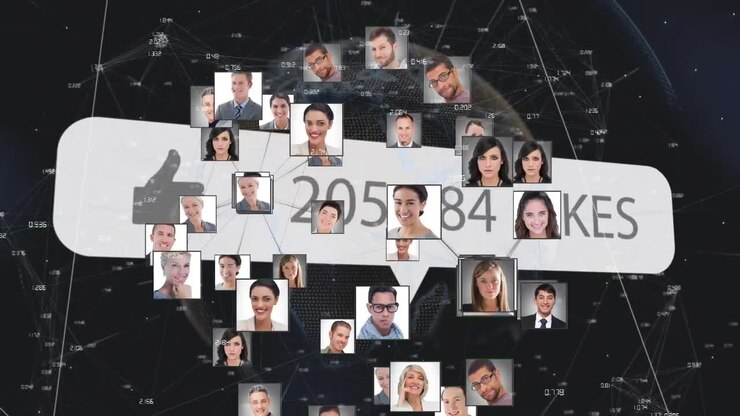 Speech bubble with thumbs up icon and increasing numbers against globe of profile icons