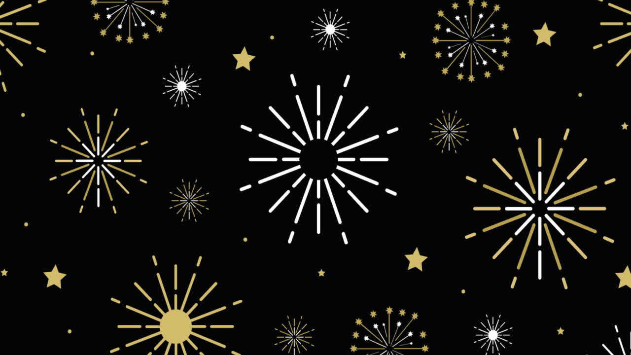 Animation of exploding white and gold fireworks scrolling on black background