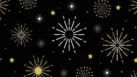 Animation of exploding white and gold fireworks scrolling on black background
