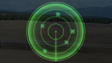 green radar animation with multiple aircraft icons over rural landscape