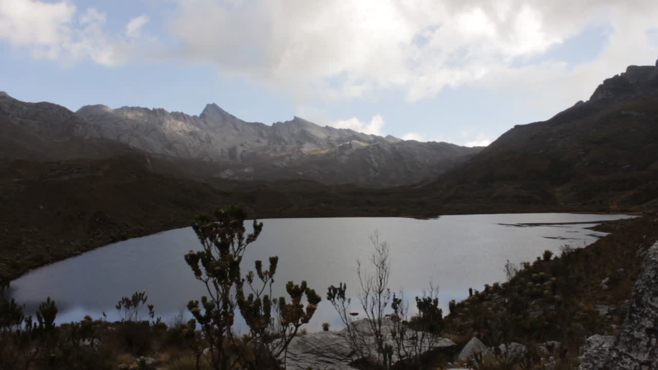 Timelapse of Andes landscape with a lake and clouds moving
