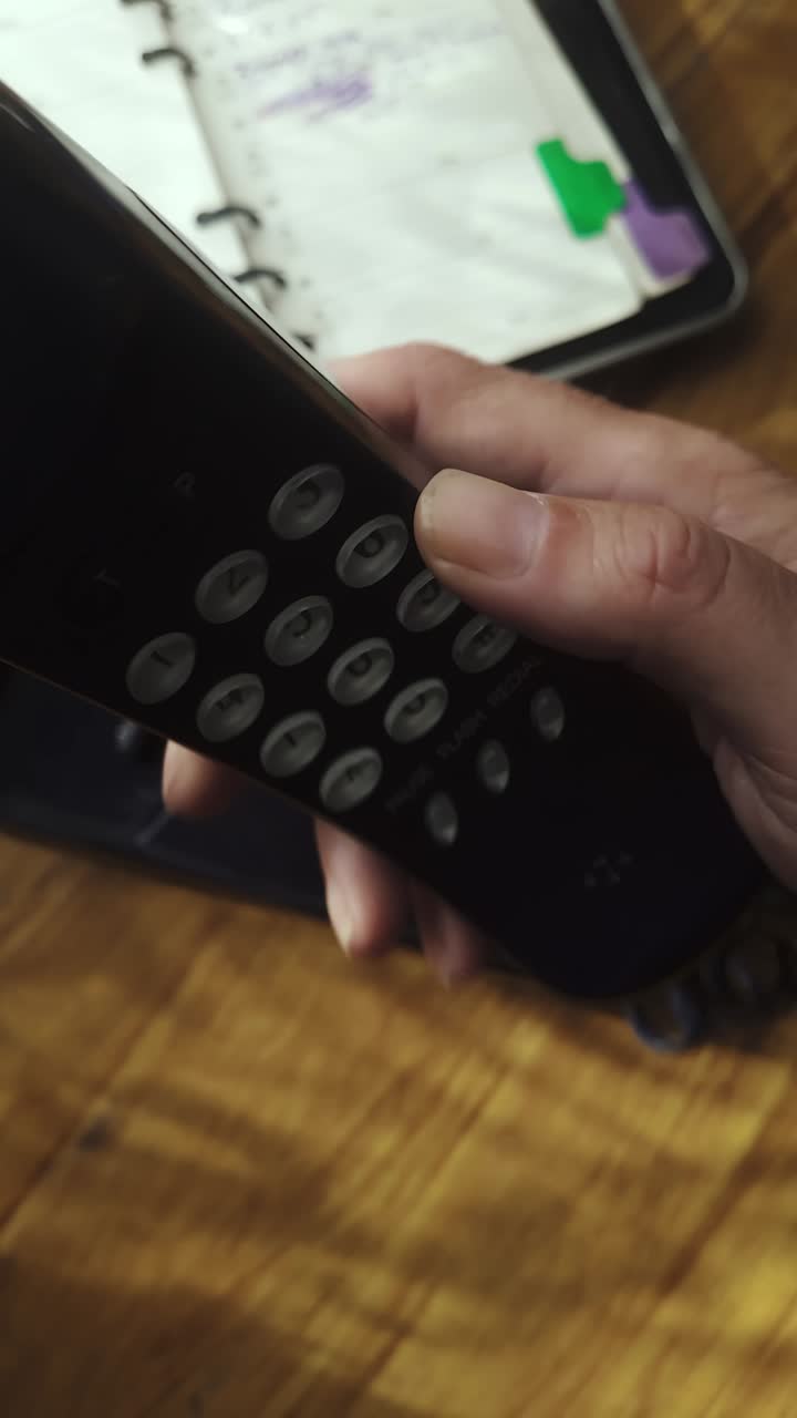 Caller dials contact number with thumb on push button telephone