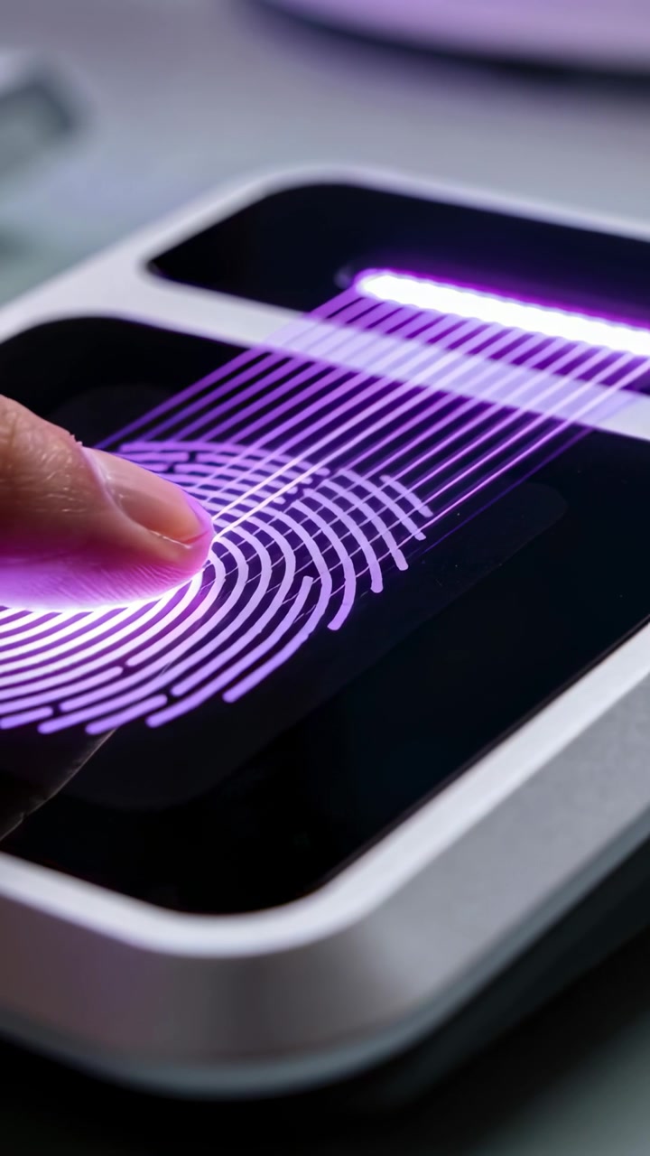 Vertical video: Placing finger on biometric sensor desk starting purple LED mapping print for login