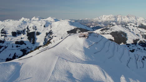 Ski-Slope-In-Saalbach-Hinterglemm,-Austria-During-Winter---Aerial-Shot