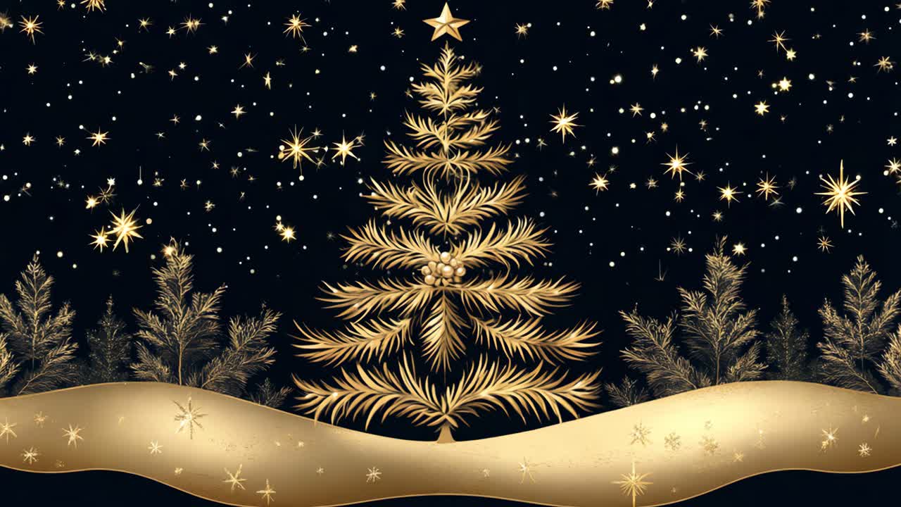 A gold tree with a star on top is surrounded by snow. The tree is the focal point of the image, and the snow creates a serene and peaceful atmosphere. The gold color of the tree