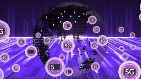 Animation-Eines-Netzwerks-Aus-5g-Text-über-Dem-Globus-Und-Violetten-Lichtspuren