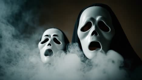 a haunting moment: two shadowy figures veiled in smoke, echoes of fear and mystery captured in eerie masks, creating an atmosphere of suspense and intrigue