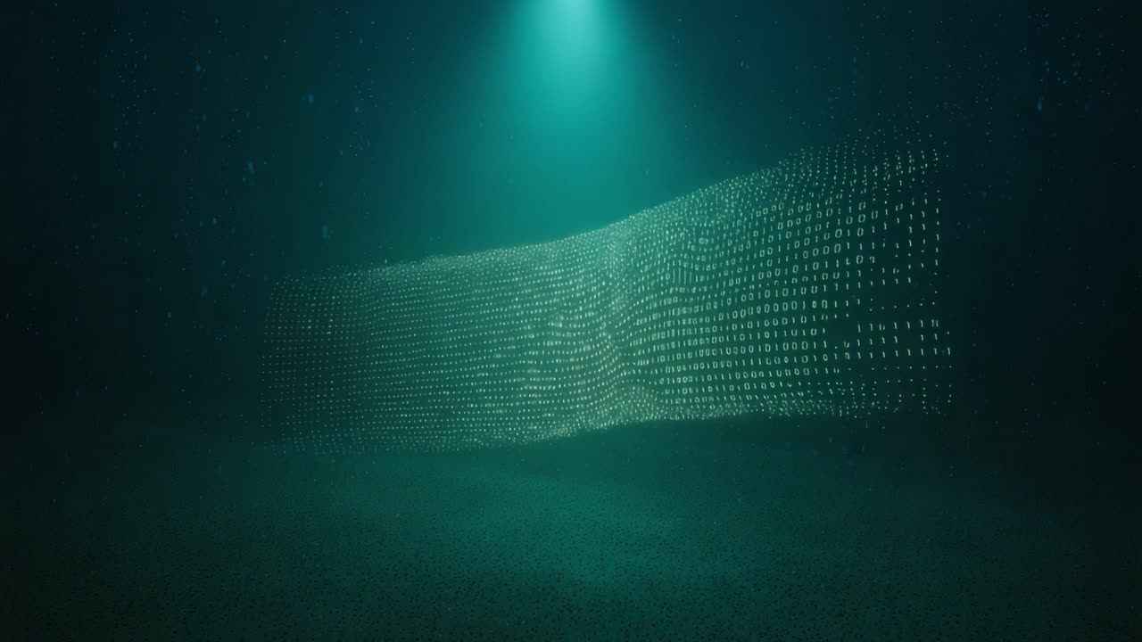 Glowing binary code forming a digital wave and flowing like a data stream in a dark, murky underwater environment, illuminated by a beam of light from above, representing deep data mining