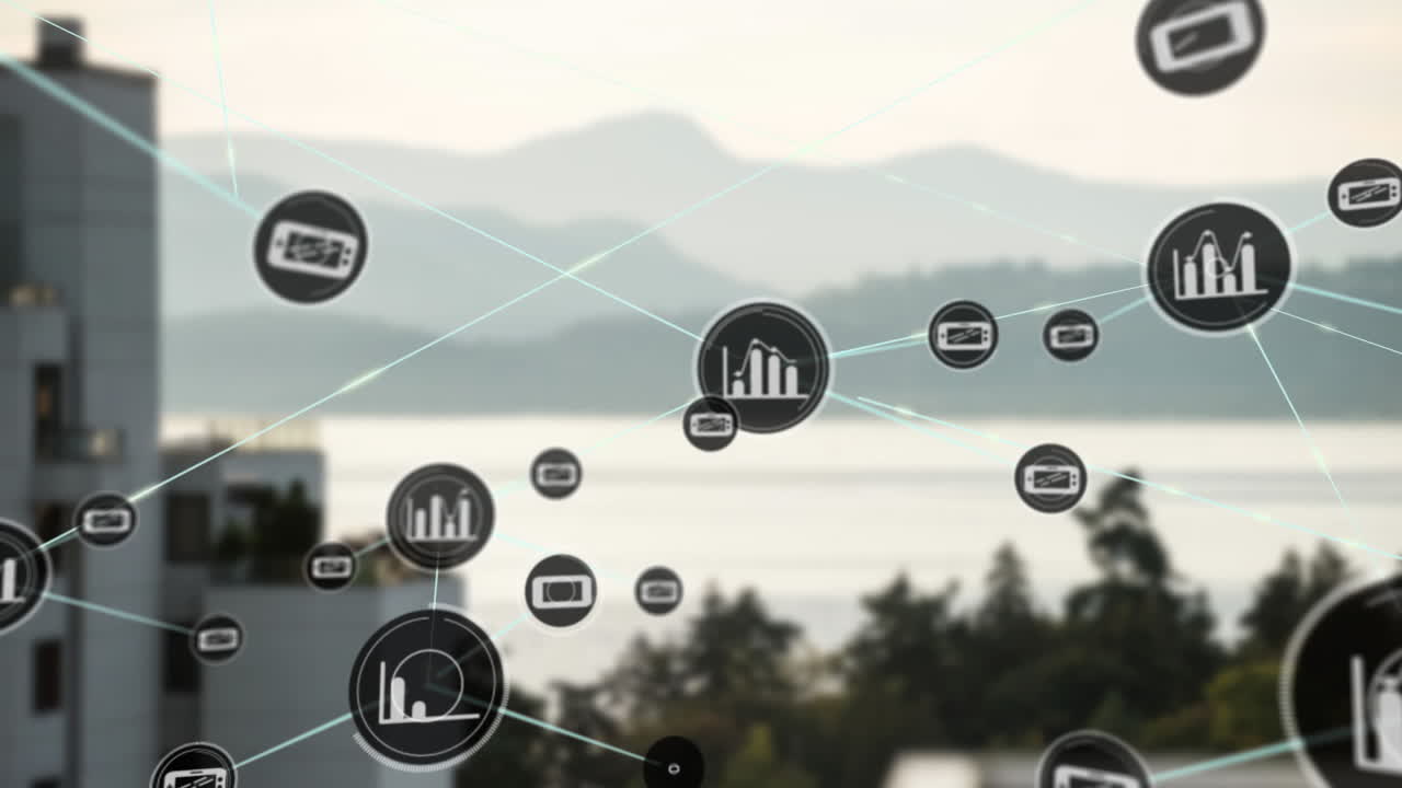 높은 건물과 산이 있는 풍경에 대한 디지털 아이콘 네트워크의 애니메이션