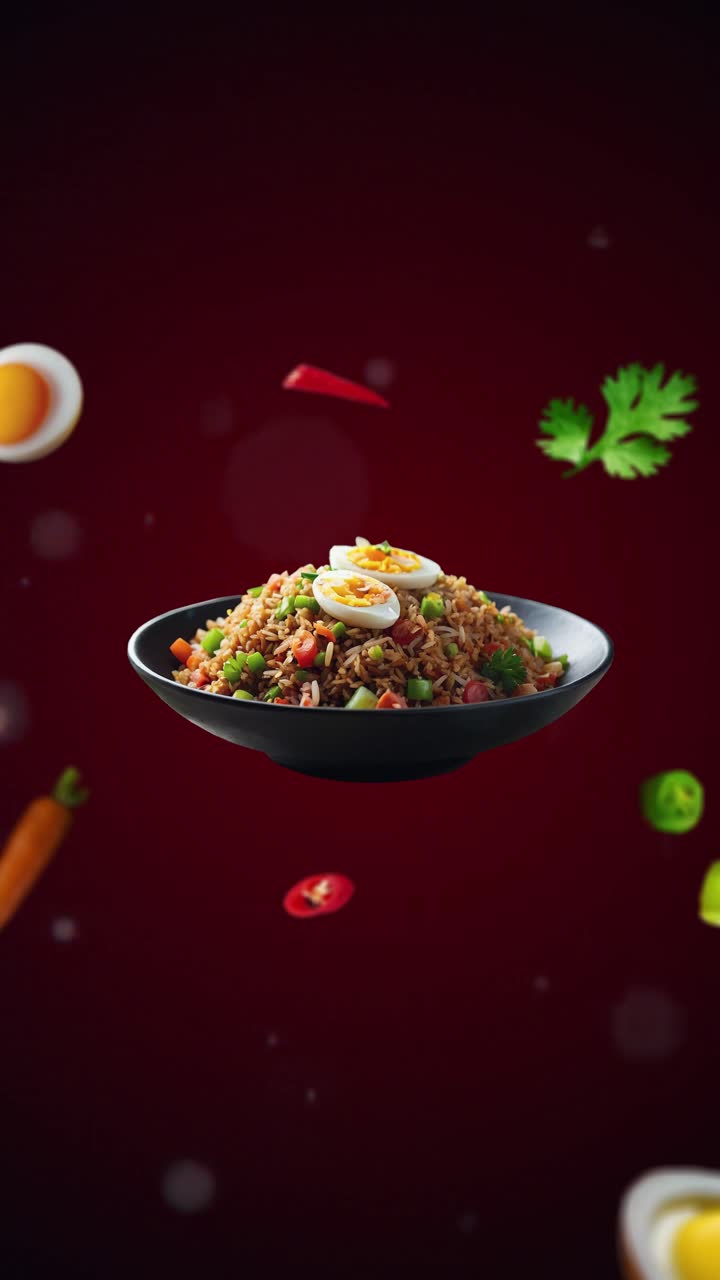 Fried rice with egg and chili Animation intro Promotion for advertising or marketing of Asian cuisine dish with the ingredients of the dish flying in the air - vertical video for price tag or sale