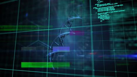 animation of interference and computer circuit board over data processing and dna strand