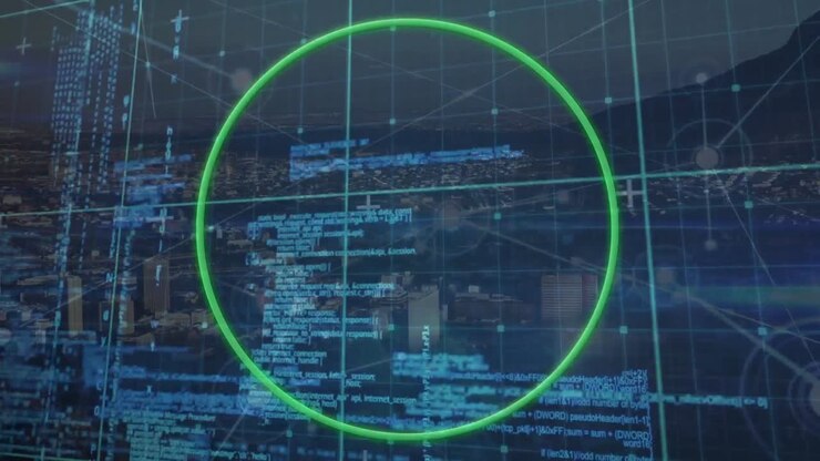 Animation of data processing with green circle over network of connections