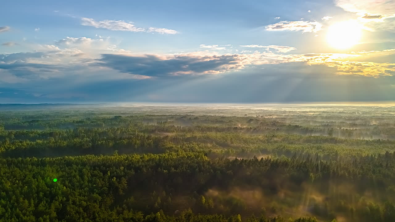 Aerial timelapse of morning fog drifting over a vast forest as sunlight breaks through the clouds. Misty layers, moving shadows, and golden rays create a peaceful and atmospheric nature scene