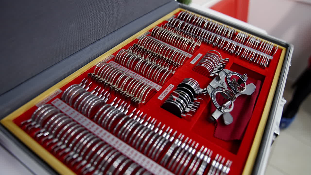 Medical accessories for optician. Case full of lenses for eye examination. Trial frame and lenses in a box for ophthalmologist.