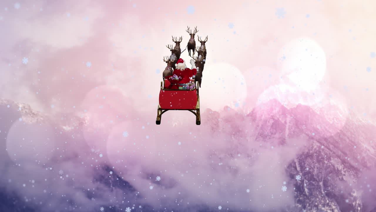 Animation of snow falling over christmas santa claus in sleigh with reindeer