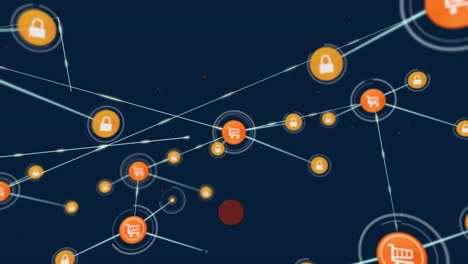 animation of network of connections with online shopping icons on blue background