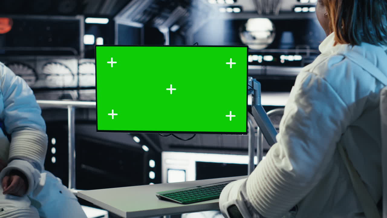 Astronaut reviewing onboard analytics on green screen monitor