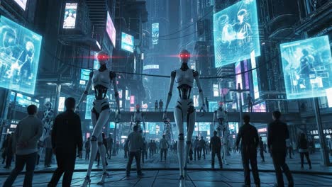 a futuristic cityscape showcases towering robots with glowing red eyes standing among a crowd, illuminating the vibrant digital advertisements and neon lights of a cyberpunk world.