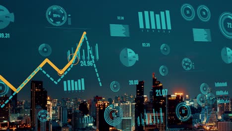 business data analytic interface fly over smart city showing alteration future