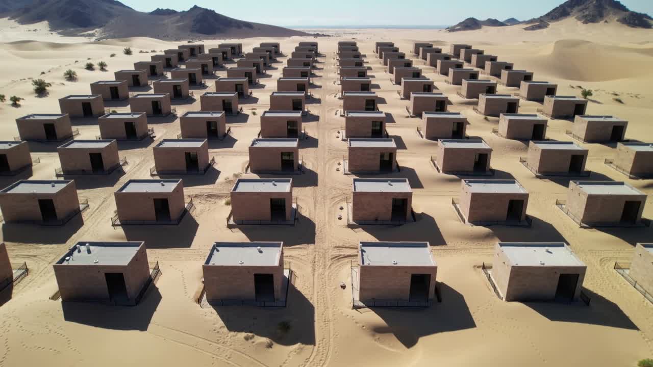 Câmera de drone em panorâmica avançando sobre o deserto, mostrando abrigos de concreto, trilhas e pegadas para levantamento.