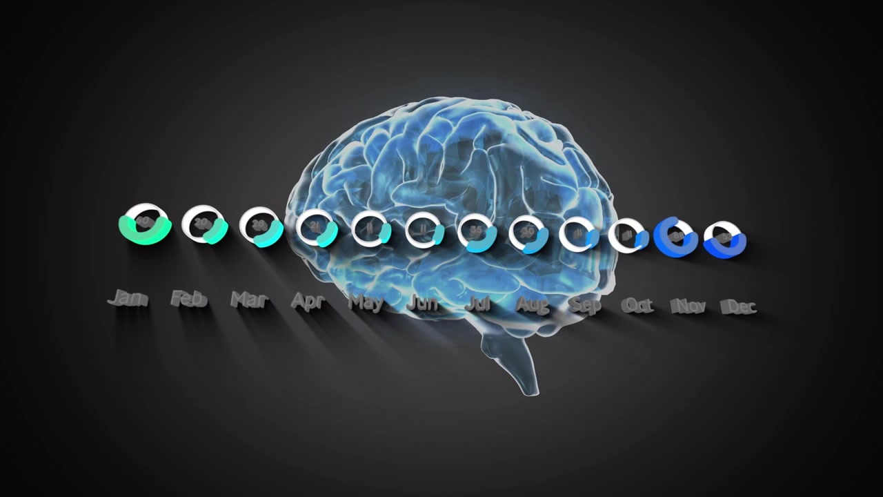 Animation of graphs over rotating brain on grey background