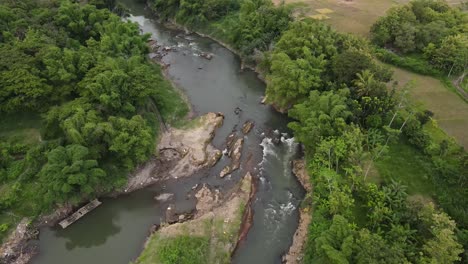 aerial view, river flow squeezed by tropical forest