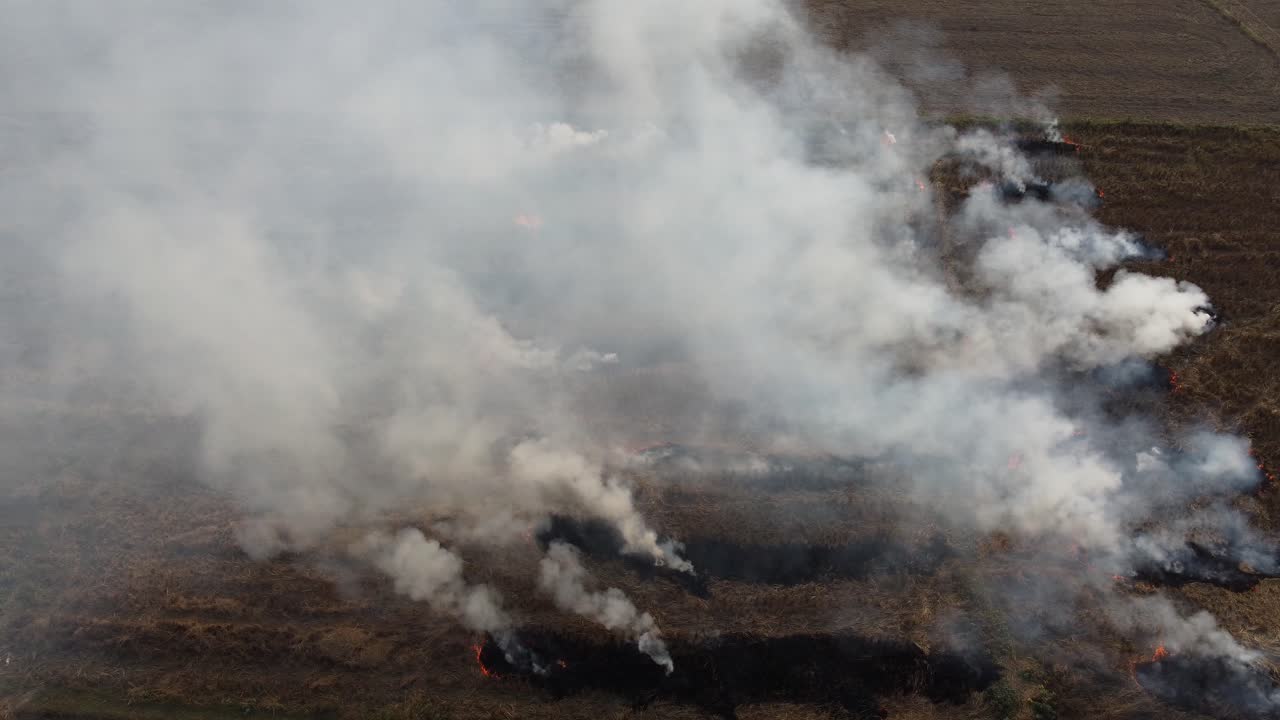 Ripresa aerea statica di stoppie in fiamme in Nepal.