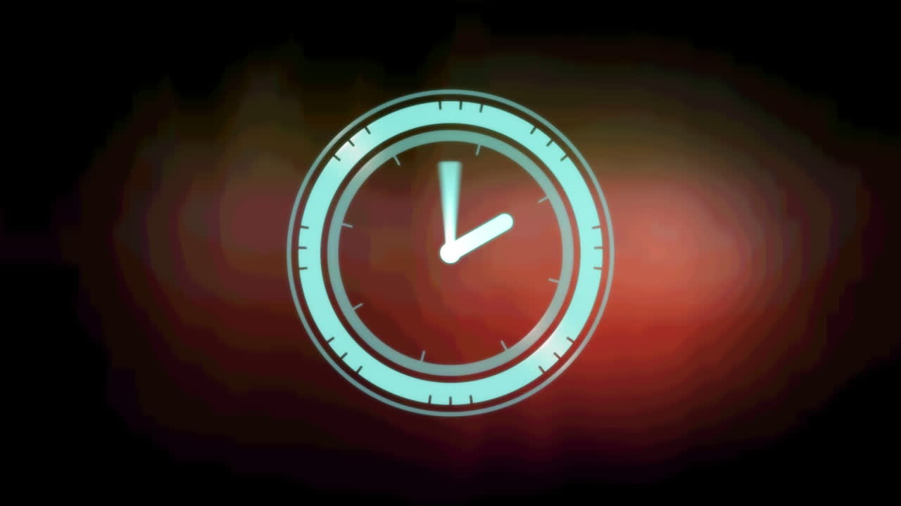 Animation of clock with turning hands, over red cloud on black background