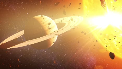 nave alienígena cerca de la estrella en explosión y el planeta anillado