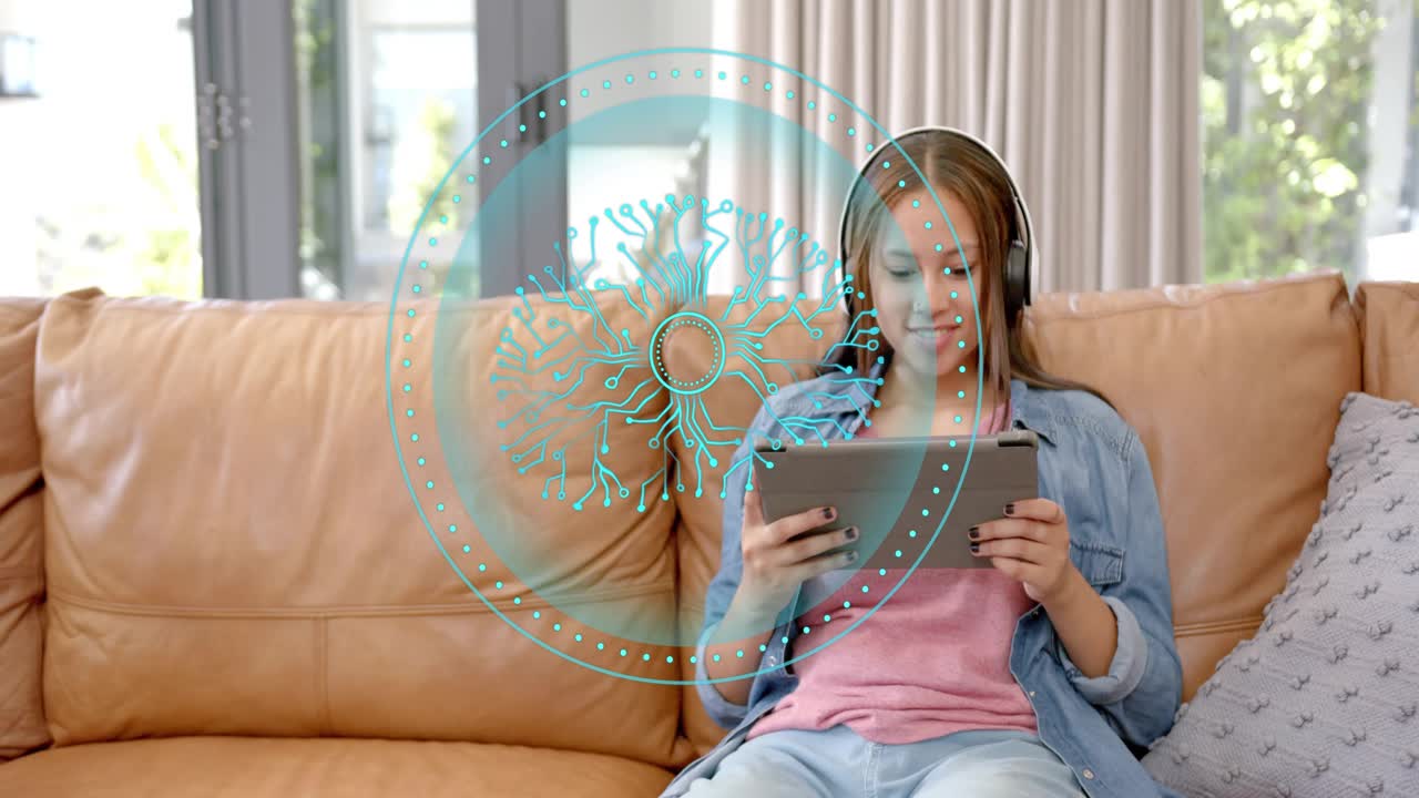 Teenage female tapping tablet on couch, activating AI graphic and exploring AI features