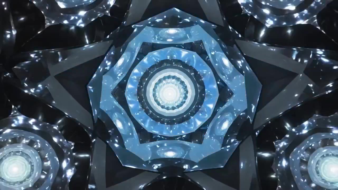 Telecamera che ruota, caleidoscopio concentrico che cambia tonalità in un dispositivo ottico, con sfaccettature, anelli e LED