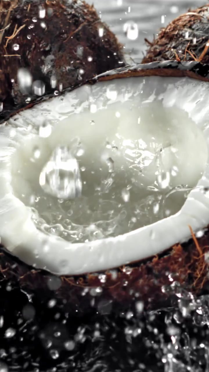 Refreshing Water Splashing into a Fresh Halved Coconut