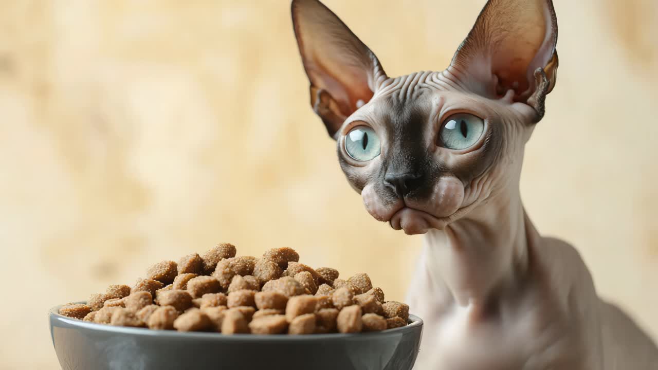 Sphynx-Katze frisst Katzenfutter