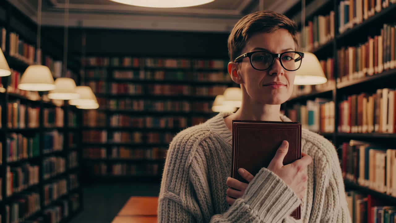 mujer en una biblioteca