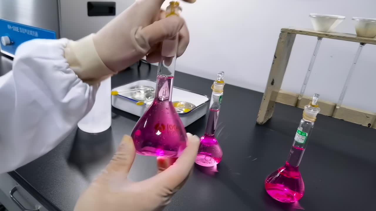 Scientist Performs Experiment with Volumetric Flasks in a Laboratory