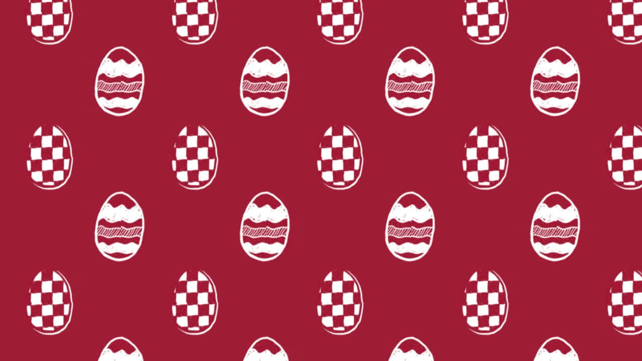 Animation of white patterned Easter eggs moving in rows on red background