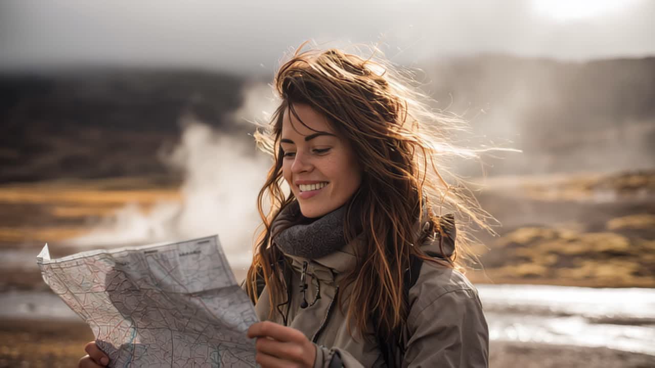 Filmagem de viagem de uma jovem mulher com mochila lendo um mapa de papel ao ar livre perto de aberturas geotérmicas fumegantes e fontes termais, em um dia ventoso na natureza selvagem islandesa.
