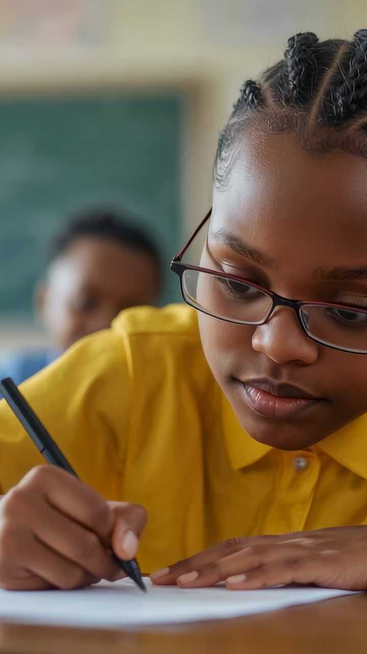 Vertical video: Writing pupil wearing glasses and yellow top using pen on paper at class desk