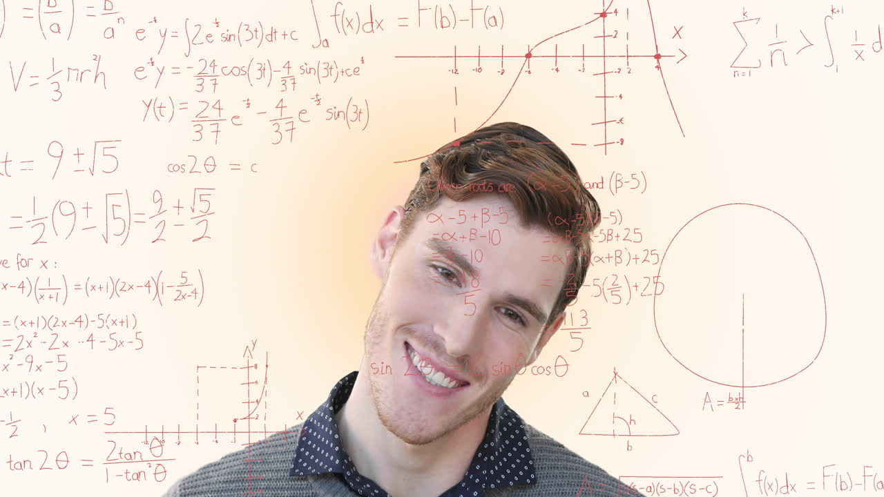 오렌지색 그라디언트 배경에 대해 말하는 백인 남성에 대한 수학적 방정식의 애니메이션