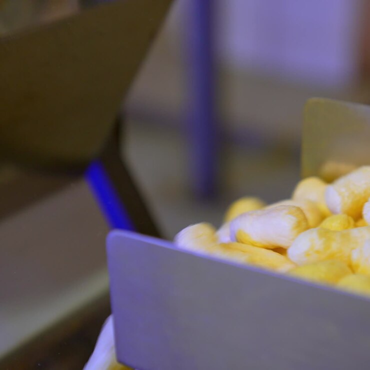 Factory production of corn sticks. Sweet crispy puffcorn making