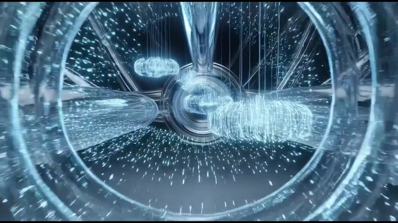 Abstract Digital Tunnel with Glowing Particles and Geometric Rings