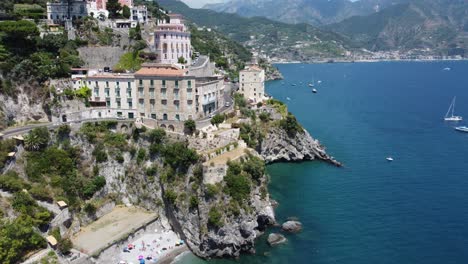 an outstanding view of amalfi castle and streets filmed by drone