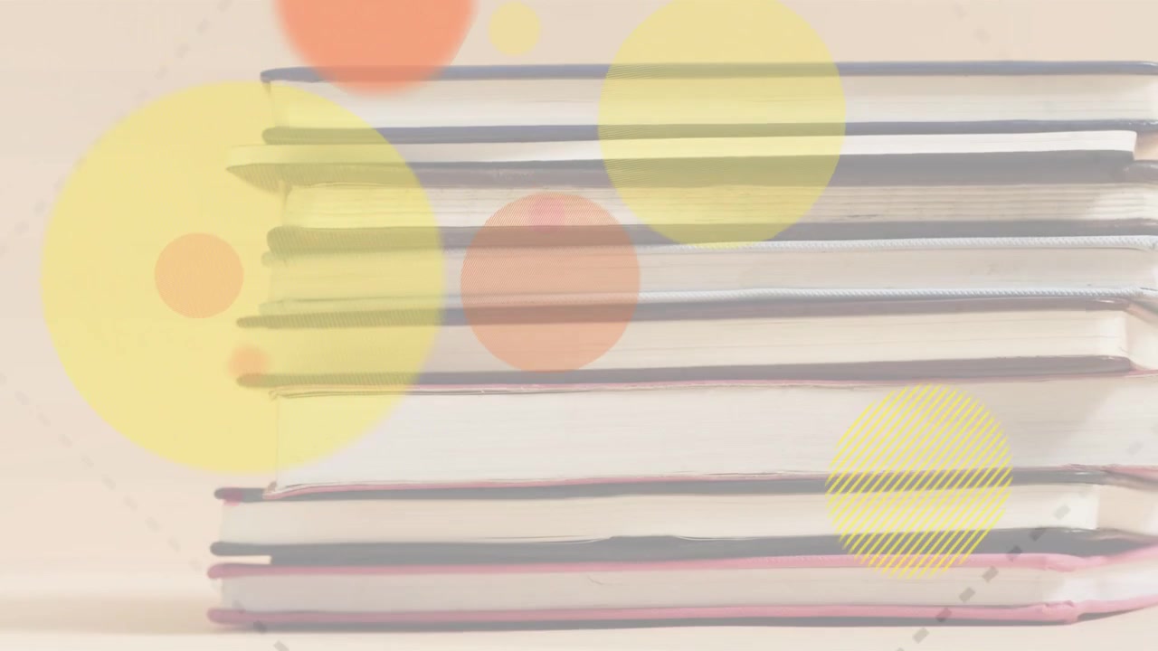 Notebook stack centered while soft circles emerging from lower right, expanding to highlight spines