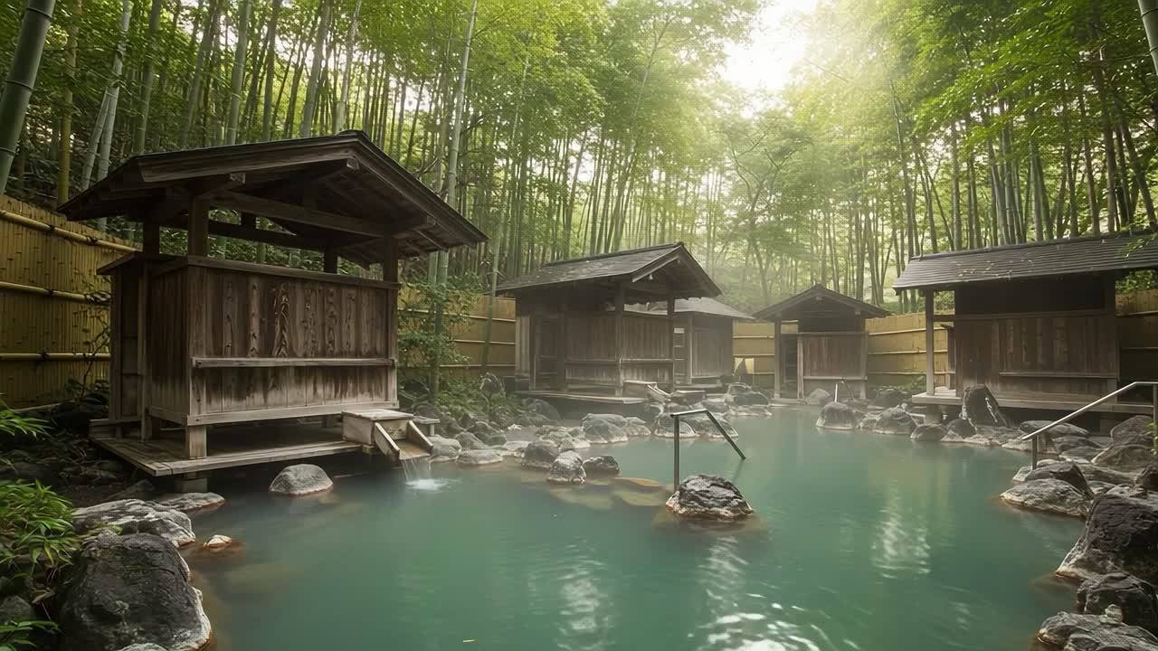Tranquil Hot Spring Retreat Surrounded by Lush Bamboo Forest and Misty Atmosphere, Perfect for Relaxation and Rejuvenation in Nature's Embrace