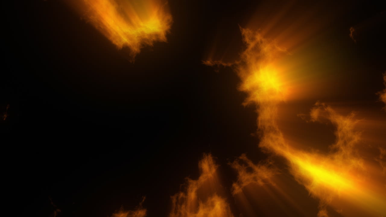 Bright Orange Light God Rays Shining from Flowing Liquid Surface on Black Background. Deep Glowing Abstract Fire Sun Space Dynamic Energy Effect