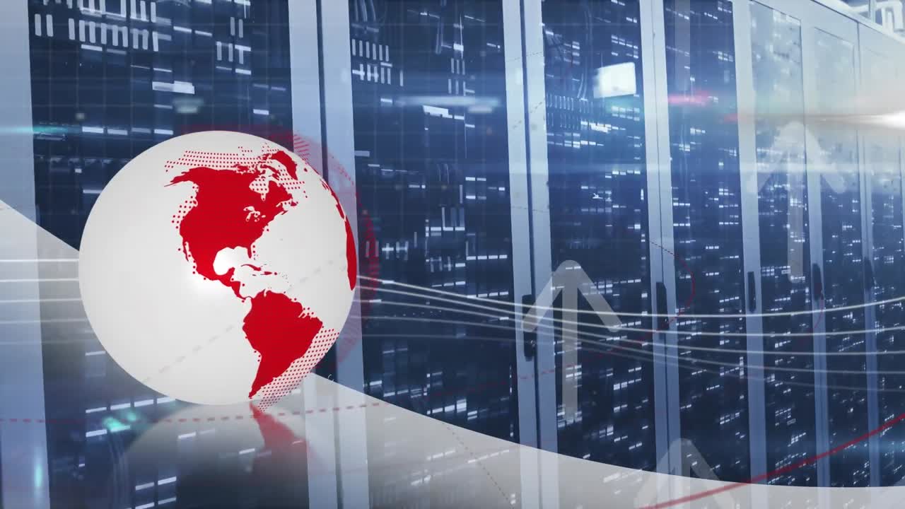 바와 렌즈 플레어 위에 회전하는 지구와 화살표의 애니메이션 데이터 서버 랙