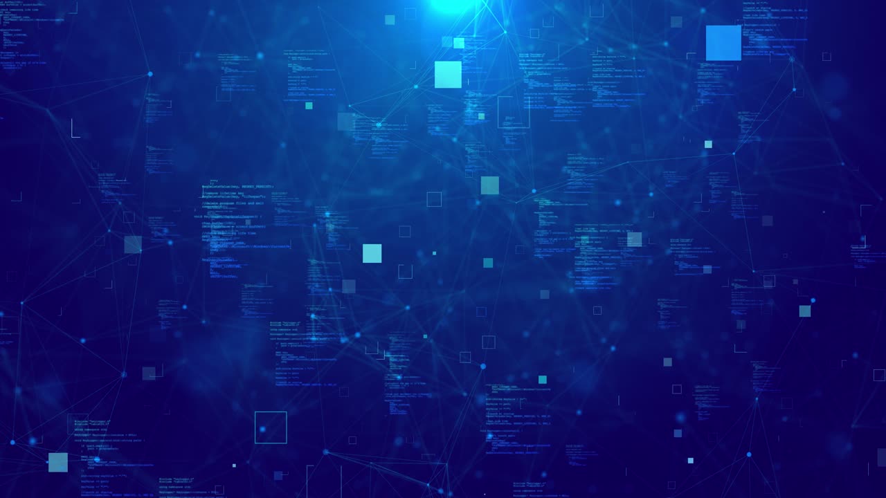 Digital animation coding plexus pattern complex data flow glowing nodes lines floating programming